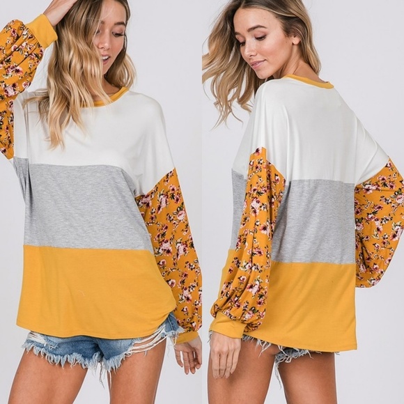 Colorblock floral balloon puff sleeve tunic - Picture 2 of 8